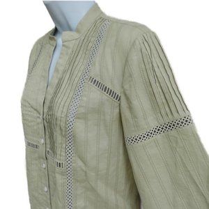 Club Monaco Blouse Button Front Beige Pintuck Inset Lace Macrame Band Collar S